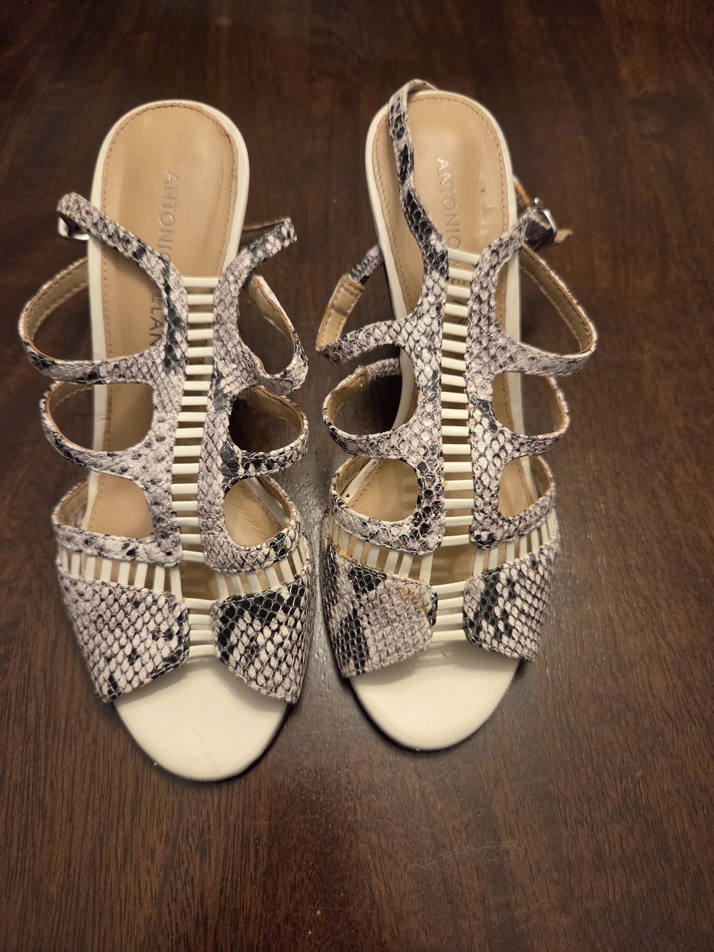 Antonio Melani Cream Snake-Print Strappy High Heel Sandals